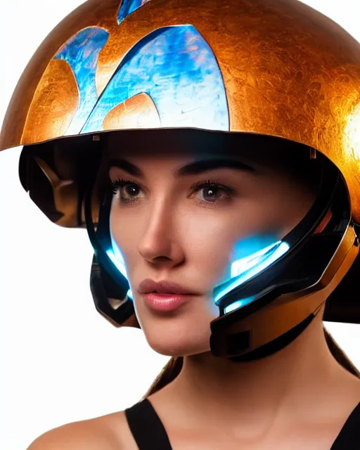 Image similar to centered medium shot fine studio photograph of a beautiful girl wearing only a mecha electronic native American indian helmet with bright lights, ultra-realistic, white background, 8k HDR sunset lit, intricate