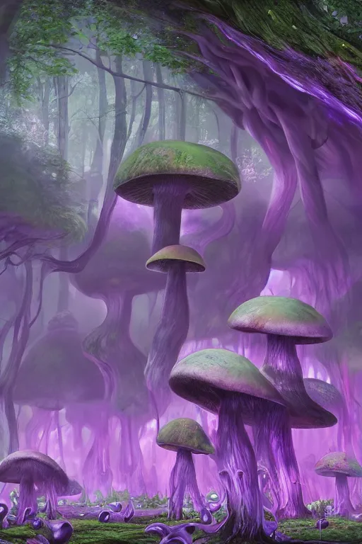 Image similar to Giant Mushroom Dripping Viscous Blobs of Purple Liquid from its Cap, Deep Forest, Overgrowth, fantasy, digital illustration, realistic, trending on artstation, volumetric lighting, ultra detailed