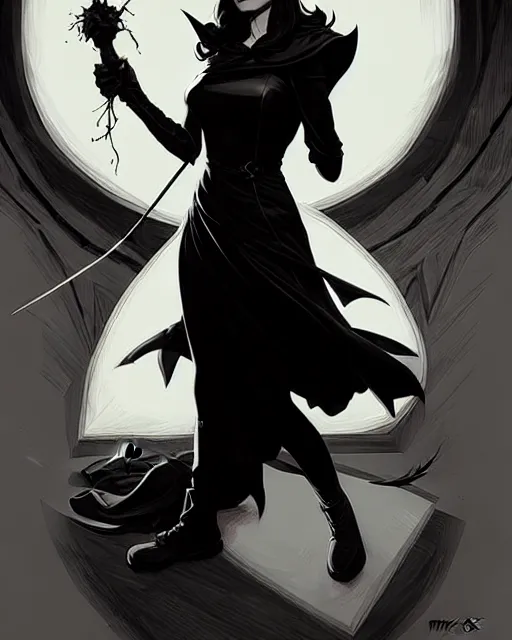 Image similar to rafael albuquerque comic art, peter mohrbacher, steve niles, artgerm, pretty mary elizabeth winstead witch, black dress, symmetrical eyes, long blonde hair