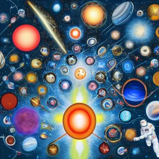 Prompt: collection on wall of cosmic elements, astronauts from the multiverse standing beside multiple portals to the multiverse