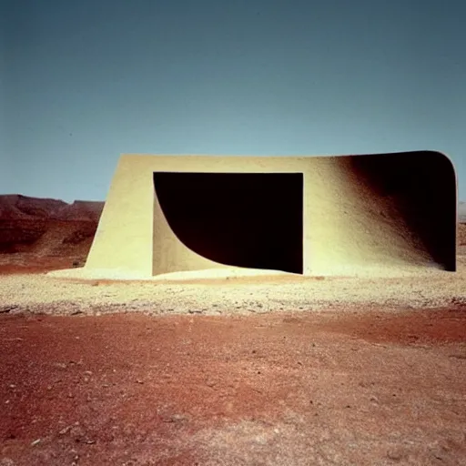Image similar to a Non-Euclidean clay building sitting in the desert, vintage photo, beautiful cinematography, blue sky, film grain, aerial view, extreme wide shot, far away, symmetrical, in the distance, James Turrell