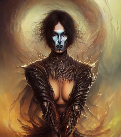 Image similar to a higly detailed airbrush full body shot and face portrait painting of a grim female sorceress with piercing eyes beautiful eyes, dynamic lighting, ambient lighting, deviantart, art by artgerm and karol bak and boris vallejo