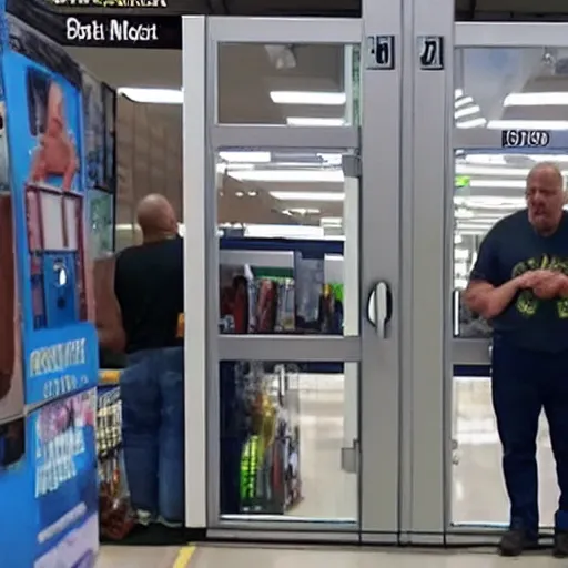 Prompt: determined man holds the automatic doors at Walmart open while straining and screaming and crowd looks on with awe