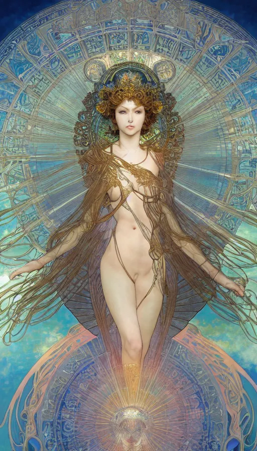 Image similar to goddess angel of tranquility. hyper detailed, character concept, full body, dynamic pose, intricate, lineart, cerpuscular rays, by yoshitaka amano, alfons mucha, 4 k