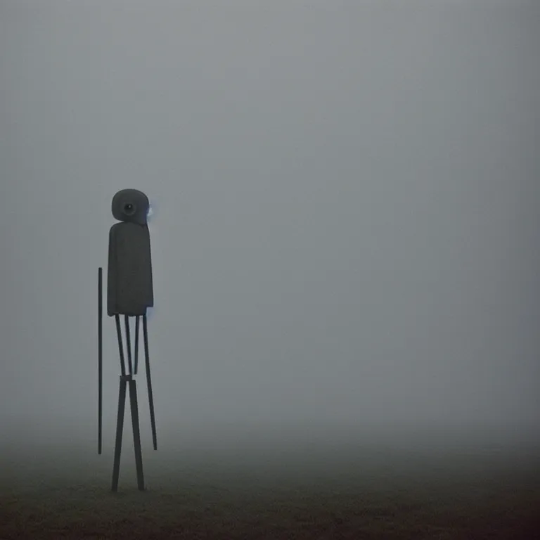 Image similar to the tall thin liminal observer droid by dennis mejillones, in a brutalist yet rural landscape by simon stalenhag, 3 5 mm film photography, dawn, eerie fog