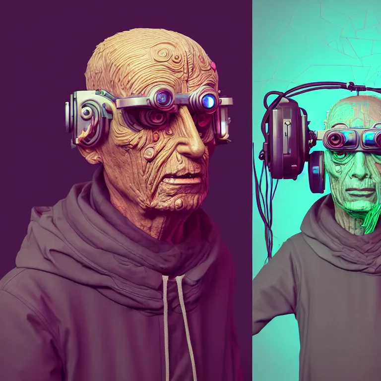 Image similar to Colour Photography of 1000 years old man with highly detailed 1000 years old face wearing higly detailed cyberpunk VR Headset designed by Josan Gonzalez . in style of Josan Gonzalez and Johannes Vermeer and Mike Winkelmann. Rendered in Blender