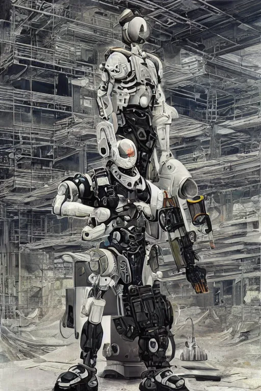 Prompt: cyborg with white and black ancestral ornate japanese tactical gear standing in an abandoned futuristic factory, long shot, by irving penn and storm thorgerson, ren heng, peter elson, alvar aalto, makoto shinkai