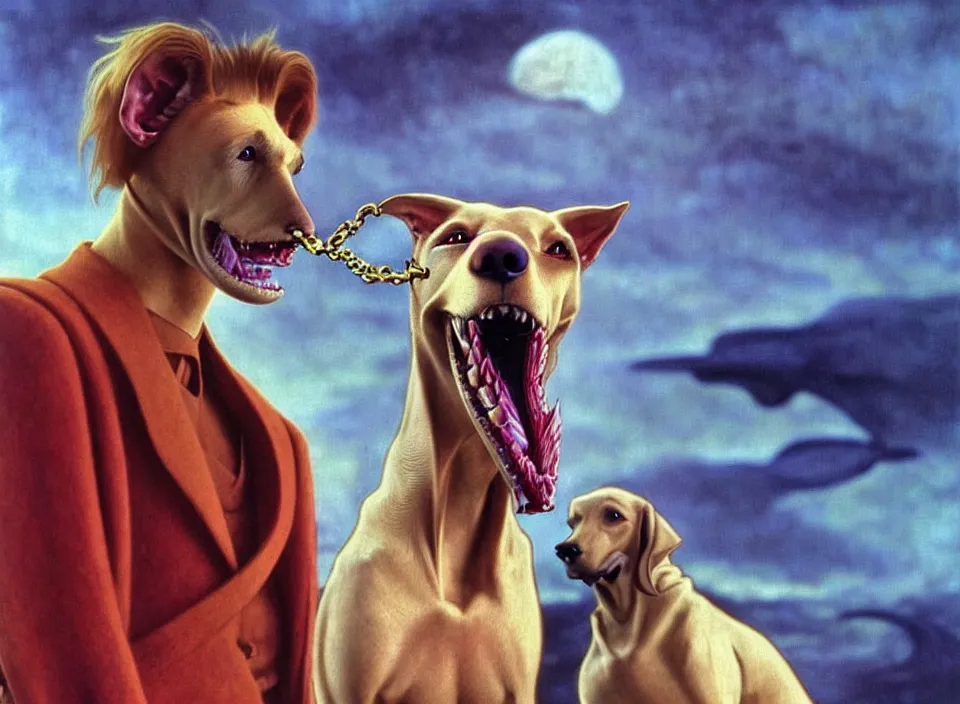 Prompt: realistic detailed portrait movie shot of an elegant blond male vampire with a barking doberman on a leash, sci fi landscape background by denis villeneuve, amano, yves tanguy, alphonse mucha, max ernst, roger dean, masterpiece, rich cold moody colours, dog teeth, blue eyes