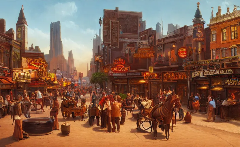 Prompt: a old western town, saloons and banks, beautiful, dynamic lighting, photorealistic fantasy concept art, trending on art station, stunning visuals, creative, cinematic, ultra detailed, ray tracing, sun rays, wonderous, amazing detail, style of tim hildebrandt