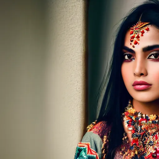 Prompt: HD portrait of beautiful South Asian model in traditional Mexican clothing, dramatic, 8k, 4k