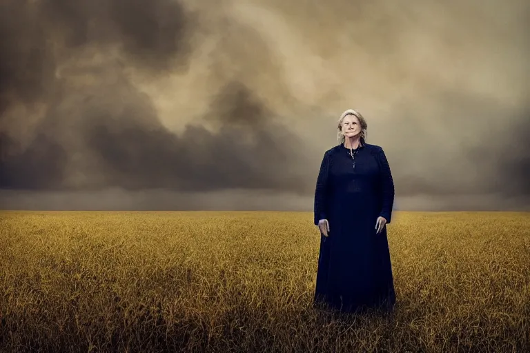 Image similar to a cinematic headshot portrait of a frozen middle aged woman stood in a field, field on fire, ultra realistic, depth, beautiful lighting, by annie leibovitz