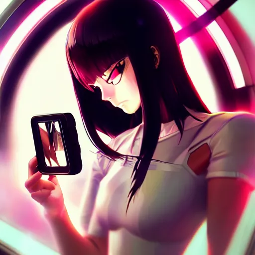 Image similar to digital anime, cyborg - girl breaking a mirror, mechanical insides, reflections, wlop, ilya kuvshinov, artgerm