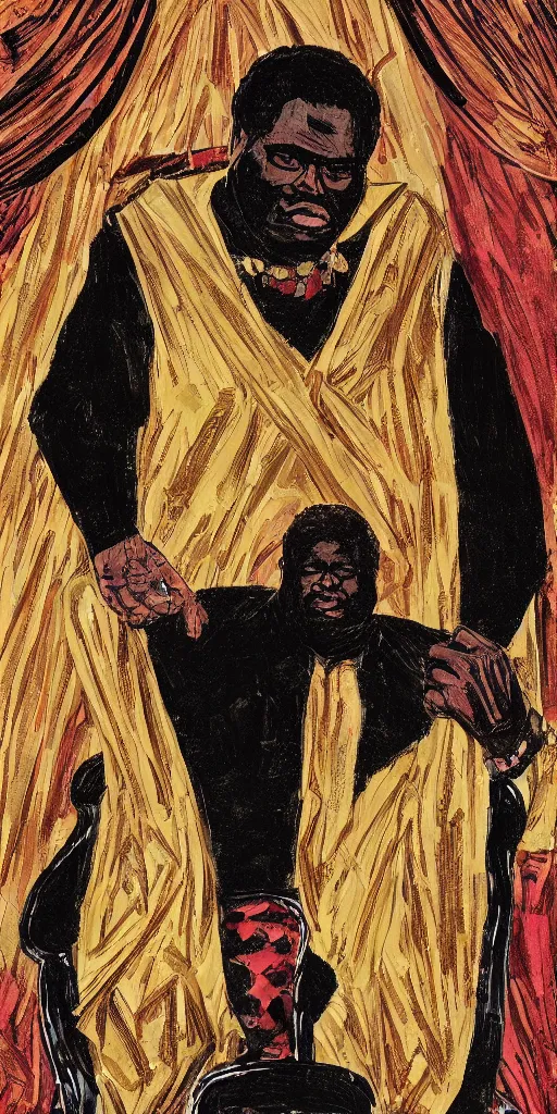 Image similar to style of frank miller, portrait of big black man sitting on throne, background made of big curtains