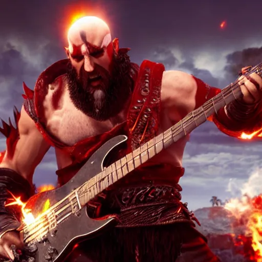 Prompt: sunglasses kratos shredding a solo, flames bursting from stratocaster guitar, cinematic render, god of war 2 0 1 8, santa monica studio official media, sunglasses, lightning, godlike performance