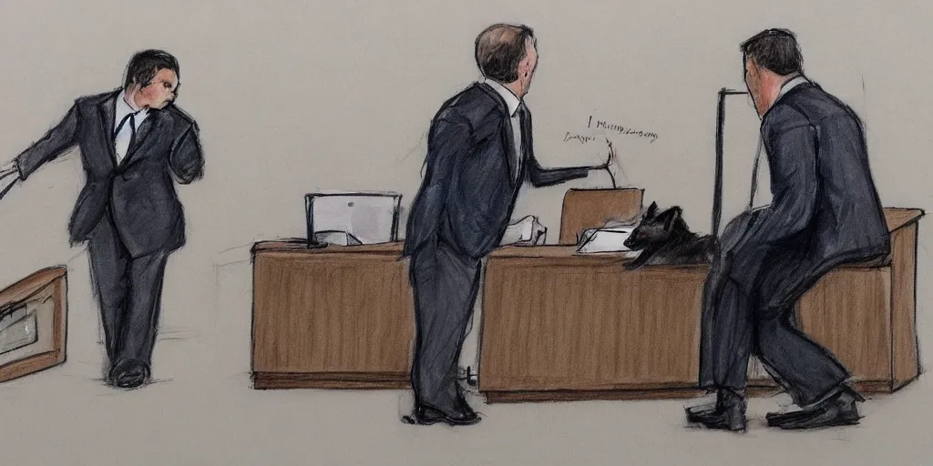 Image similar to a dog in a suit cross-examining a mailman, courtroom sketch