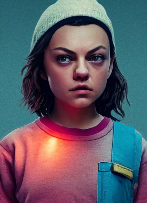 Image similar to Mila Kunis cast as Eleven, still from Stranger Things movie, hyperrealistic, 8k, Octane Render,