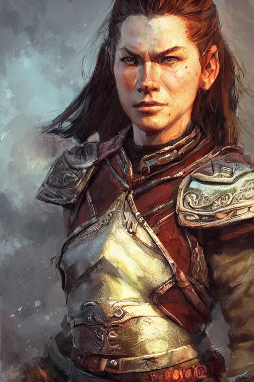 Image similar to the elder scrolls vi, charismatic rugged female nord warrior portrait, illustration, highly saturated colors, rim light, top light, perfectly shaded, soft painting, art by krenz cushart and wenjun lin