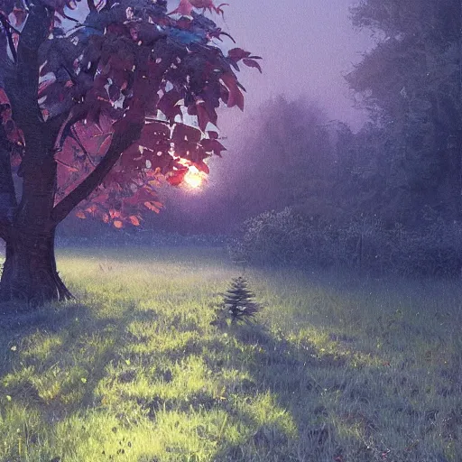 Image similar to a beautiful painting by banska stiavnica nature in sunset, beautiful fruit tree, translucent peach, backlit leaves by greg rutkowski and james gurney, artstation