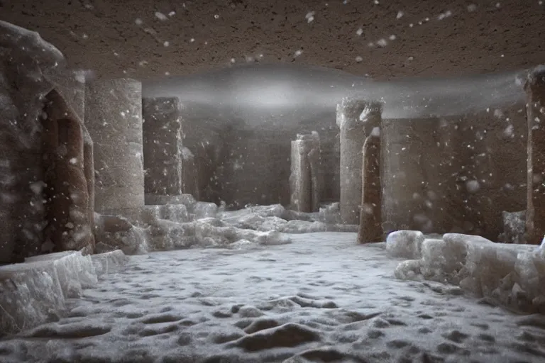 Image similar to a very windy and cold place, everything is made out of ice, ancient egypt, snowing, cinematic lighting