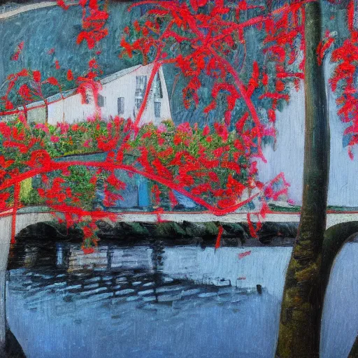 Image similar to a long river, tied bridge on local river, a lot of boat in river, 2 number house near a lot of palm trees and bougainvillea, summer, painting style of mondrian gray tree - 1 0 0 0