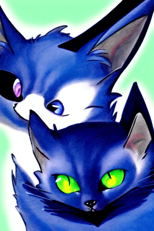 Image similar to a blue - and - black male catbat fursona with blue / green heterochromatic eyes ( differently - colored eyes, one green, one blue ) and huge bat ears, photo of the catbat streaming on his computer