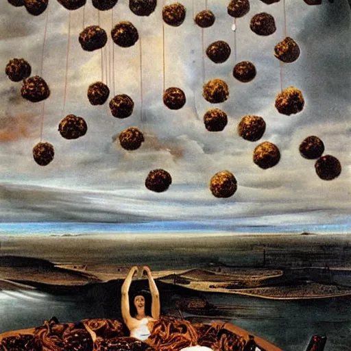 Image similar to a giant mess of women bodies with spaghetti bolognesa and meatballs flying in the stormy sky by dali