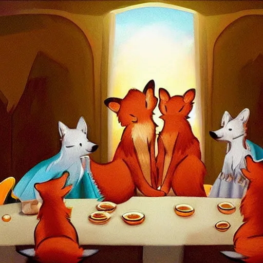 Prompt: foxes in the last supper painting, cute, disney, furry, dramatic lighting, award winning