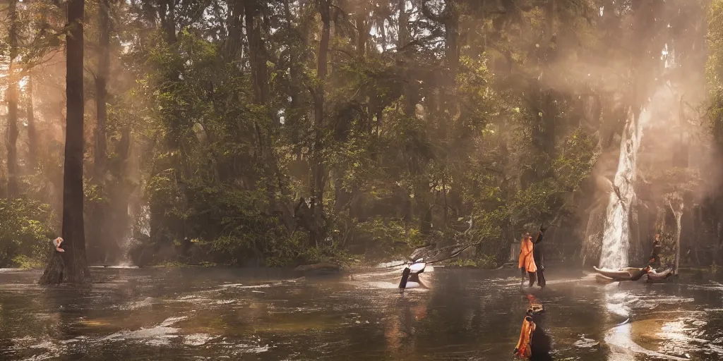 Prompt: distant figures dancing in a waterfall lagoon surrounded by redwood trees during golden hour by sapna reddy, cinematic forest lighting, hyperdetailed, in volumetric soft glowing mist, elegant pose, movie still, real life landscape