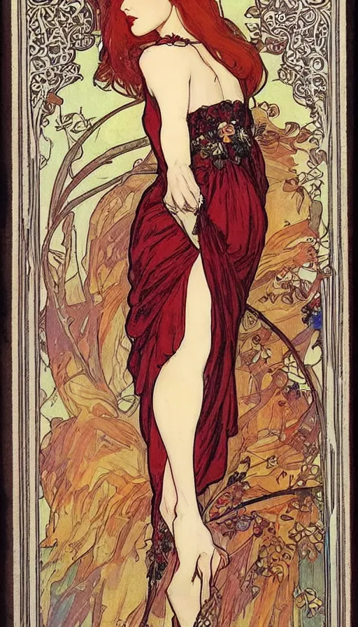 Image similar to beautiful redhead woman, bow around waist, ornate, mucha