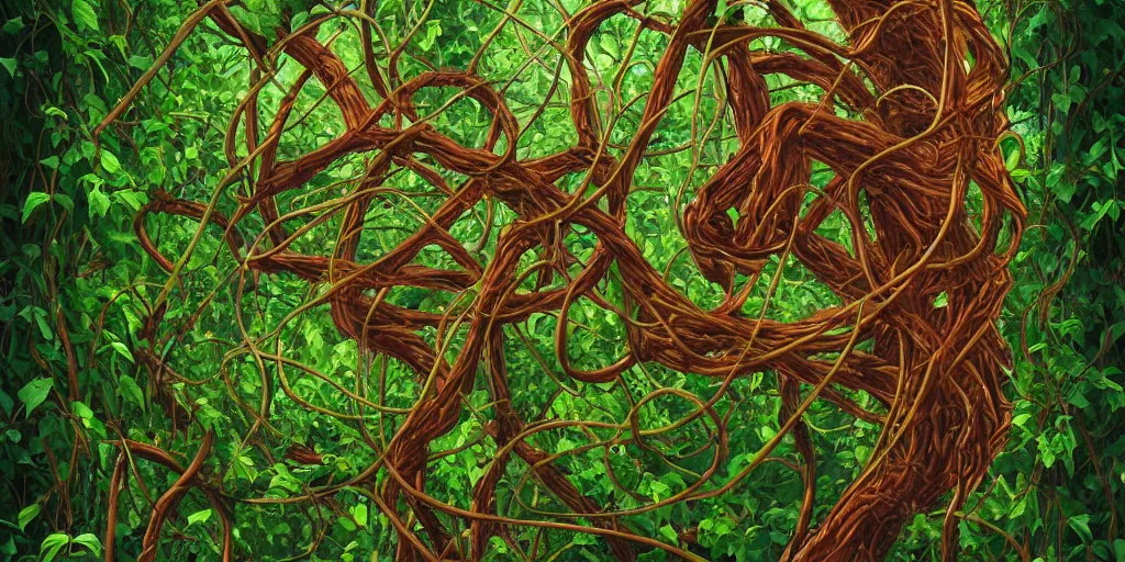 Image similar to a person trapped in extremely thick vines intertwined, central composition, high saturation, epic lighting, in the style of Peter gric and Hannah yata 8k