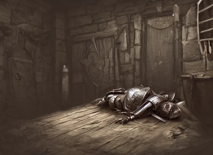 Prompt: a beautiful composition detailed photograph of a dead poisoned armored knight paladin lying in a wooden bed in a cell in a dungeon. strong knight. wooden bed. a rat looking the corpse