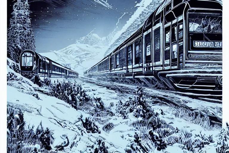 Prompt: trans - siberian express train ultrafine drawing by joe fenton and syd mead and p. craig russell and barry windsor - smith, artstation, 4 k, graphic novel, concept art, matte painting, beautiful russian winter landscape sunset background, golden hour, art nouveau, sharp