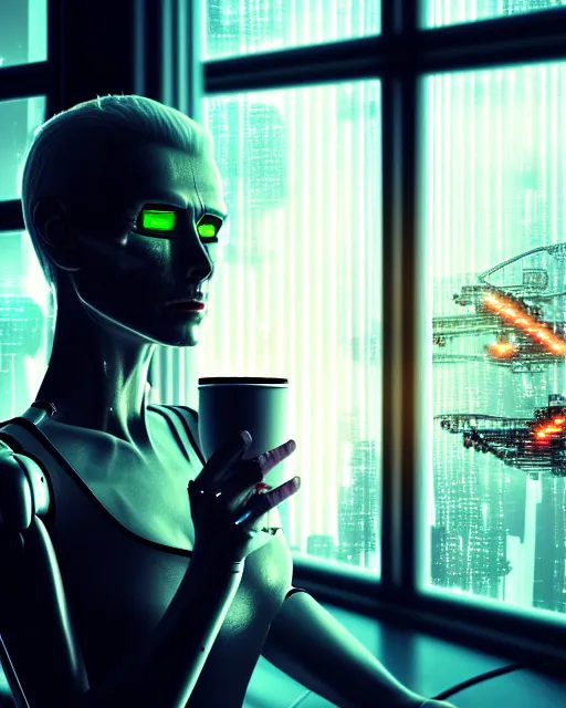 Image similar to a terminator cyborg lady with borg implants is drinking coffee near a window with dystopian city visible outside. tiny green led lights in her cybernetics. very detailed 8 k. horror cyberpunk style.