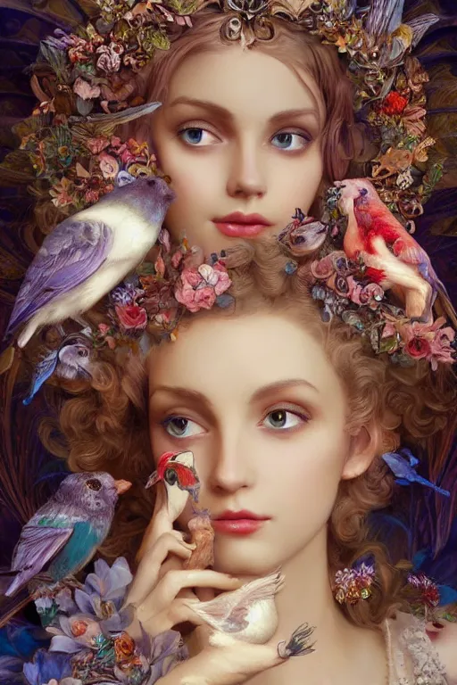 Prompt: extremely beautiful face closeup, 3 d render of english princess holding birds, ornaments, mucha vibe, dieselpunk, solarpunk, artstation, gorgeous, elegant, graceful