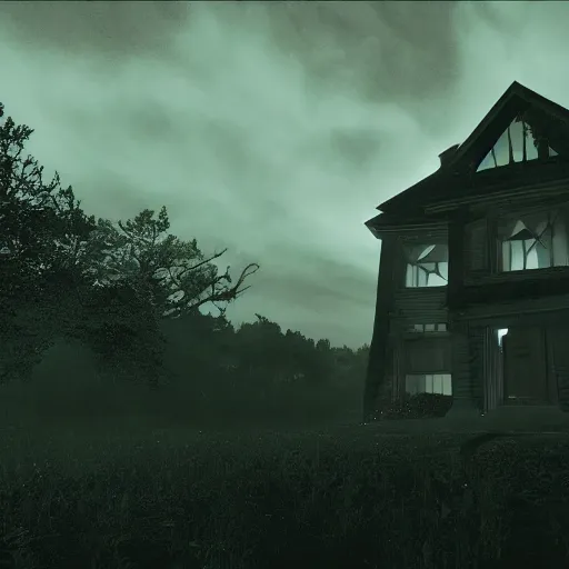 Image similar to A creepy dark big house on the top of a hill, dramatic moonlight scene. Cinematic god ray tracing