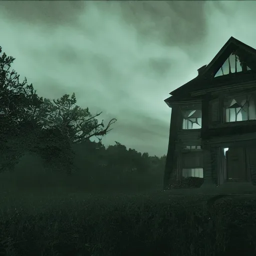 Prompt: A creepy dark big house on the top of a hill, dramatic moonlight scene. Cinematic god ray tracing