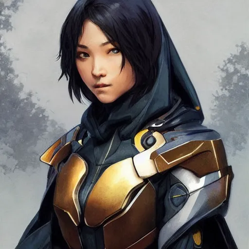 Prompt: cassandra cain in destiny hunter armor, wearing a glowing hooded cloak, beautiful face!!!!, 2 7 years old, cg animation, realistic, character select portrait, by artgerm, greg rutkowski, alphonse mucha, 3 d