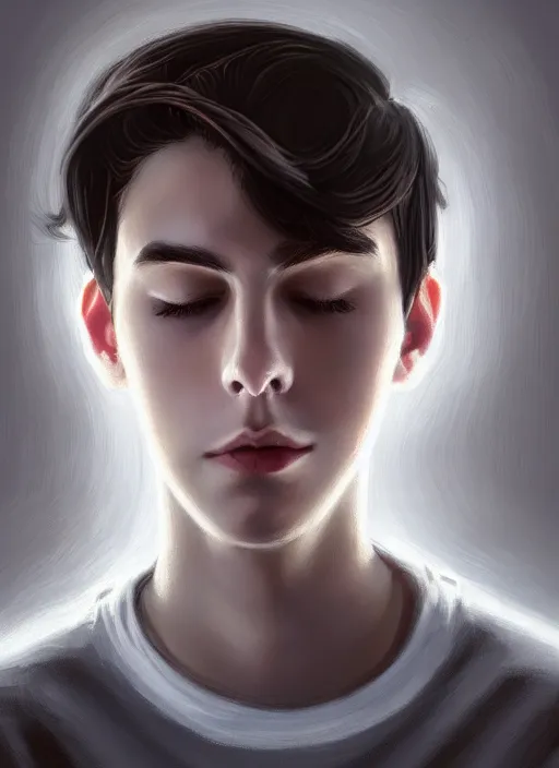 Image similar to portrait of teenage jughead jones wearing a light grey crown, crown, hamburger background, eyes closed, crown, black hair, intricate, elegant, glowing lights, warm lighting, highly detailed, digital painting, artstation, concept art, smooth, sharp focus, illustration, art by wlop, mars ravelo and greg rutkowski