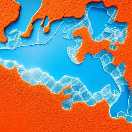 Image similar to top down view of map of iceland made out of ice, highly detailed, surrounded by ocean made out of hot orange lava, realistic