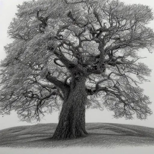 Prompt: oak tree on a hill, pencil drawing, detailed