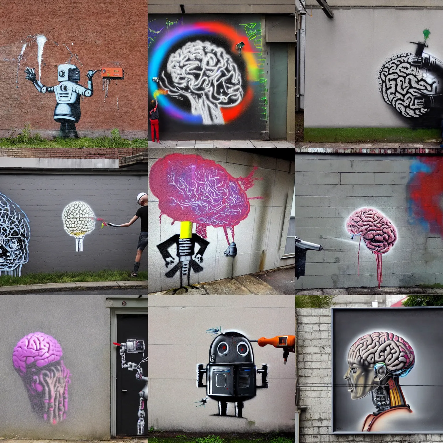 Prompt: A robot spray painting a picture of a human brain onto a wall, dripping paint, by Banksy