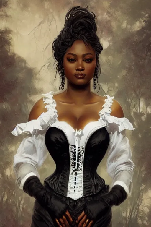 Image similar to cute black woman wearing a white corset dress, fantasy, intricate, highly detailed, digital painting, artstation, concept art, wallpaper, smooth, sharp focus, illustration, art by artgerm and greg rutkowski and alphonse mucha