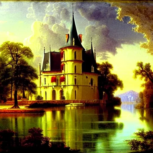 Prompt: beautiful illustration of chateau in a serene landscape, by albert bierstadt, magic realism, narrative realism, beautiful matte painting, heavenly lighting, retrowave, 4 k hd wallpaper