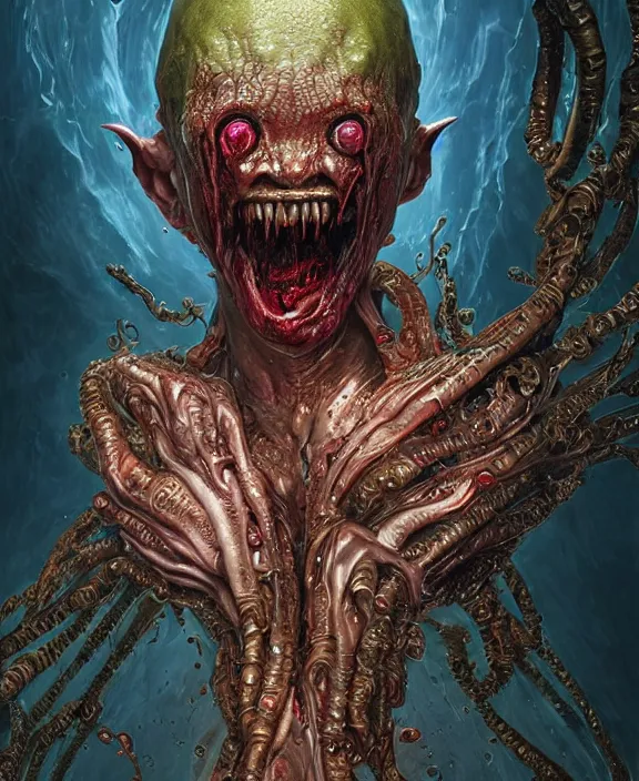 Image similar to portrait of a bloodied intricate ornate filigreed slime dripping genderless insect alien monster, muscles, rippling, space warping and twisting, ultra realistic, concept art, intricate details, eerie, highly detailed, photorealistic, octane render, 8 k, unreal engine. art by artgerm and greg rutkowski and alphonse mucha