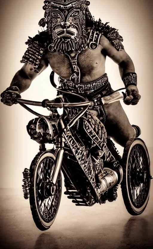 Image similar to old vintage full body photo of ancient aztec jaguar warrior with full beard riding vintage punk engine with one wheel, extreme sports photography ,super high speed photography, dynamic photography,symmetrical face, clean face, muscular body, high speed,dirt and grawel in air, lens flares, dust partiles in the air, dramatic lighting, intricate, highly detailed, centered, smooth, sharp focus, sports photography, old photo, black and white, sepia, cinematic lighting, cinematic angle, national geographic