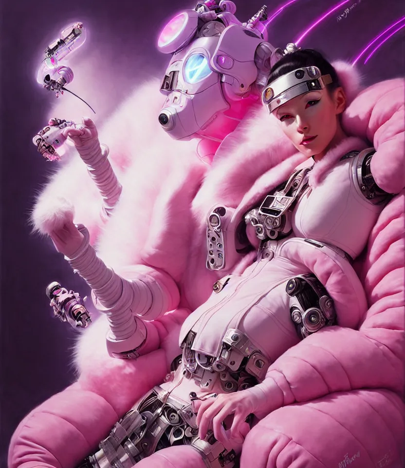 Prompt: beautiful fantasy character portrait of a female cyborg, wearing pink puffy bomber jacket with white fur, seductive reclining pose, lasers, ultra realistic, dramatic lighting, robots, the fifth element artifacts, highly detailed by peter mohrbacher, hajime sorayama, wayne barlowe, boris vallejo, aaron horkey, gaston bussiere, craig mullins