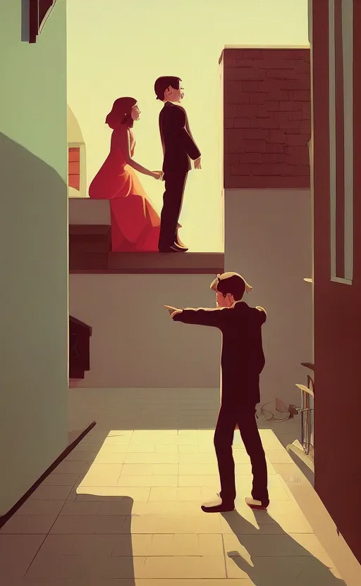 Prompt: young love, surreal illustration, by atey ghailan and escher and edward hopper