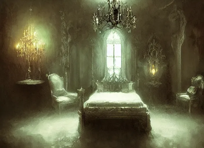 Prompt: gothic mansion room, ornate, elegant, artwork, paint, simple, illuminated, minimalist, by bastien lecouffe deharme, by jeremy mann, by alexander fedosav