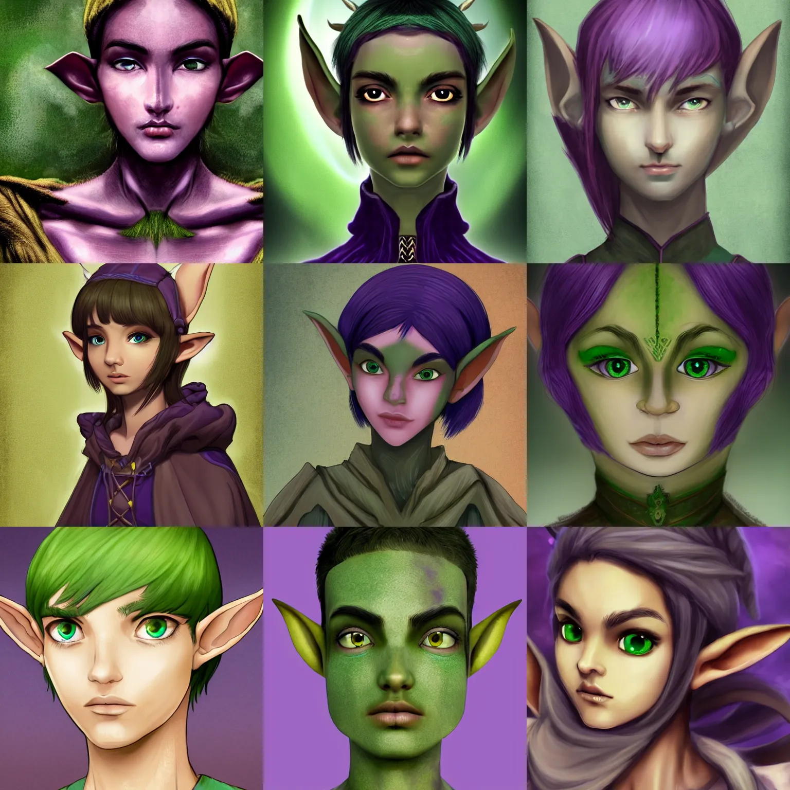 Prompt: a character with an earthy green skin tone and horizontal elf ears, digital art, incredible detail, perfect facial proportions, perfect lighting, fantasy / alternate history, dark hair, purple eyes, mundane, ordinary, a species from another world