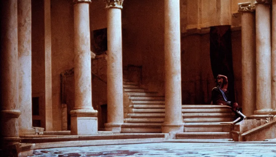 Image similar to movie still by tarkovsky of caligula stabbed to death by senators on huge stairs, cinestill 8 0 0 t 3 5 mm, high quality, heavy grain, high detail, dramatic light, ultra wide lens, anamorphic